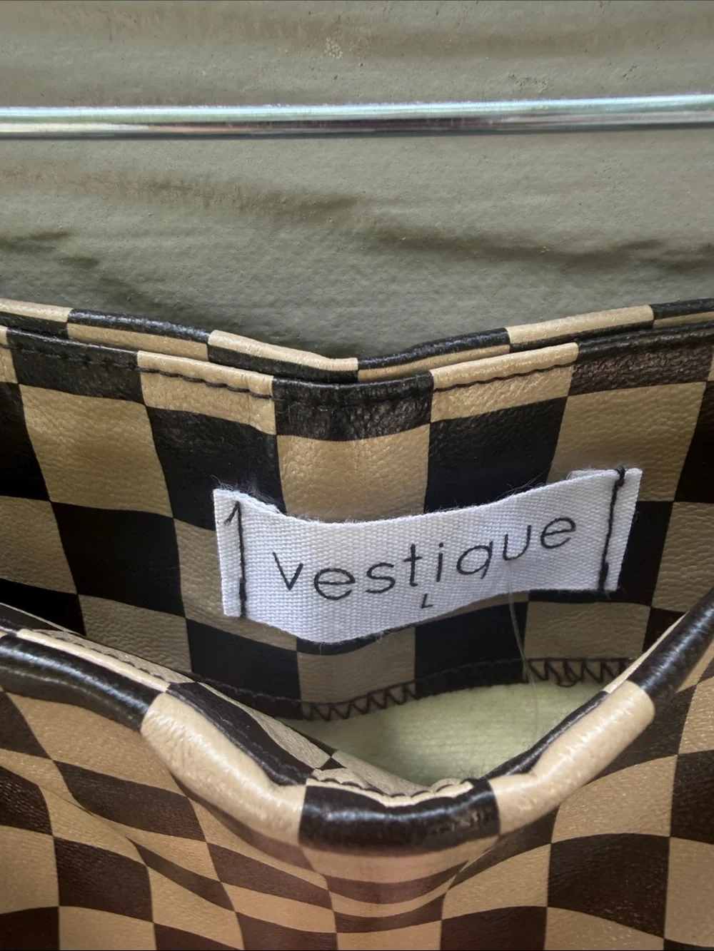 Vestique Checkerboard Vegan Leather Mini Skirt in Black and Tan. Sz Large NWT
